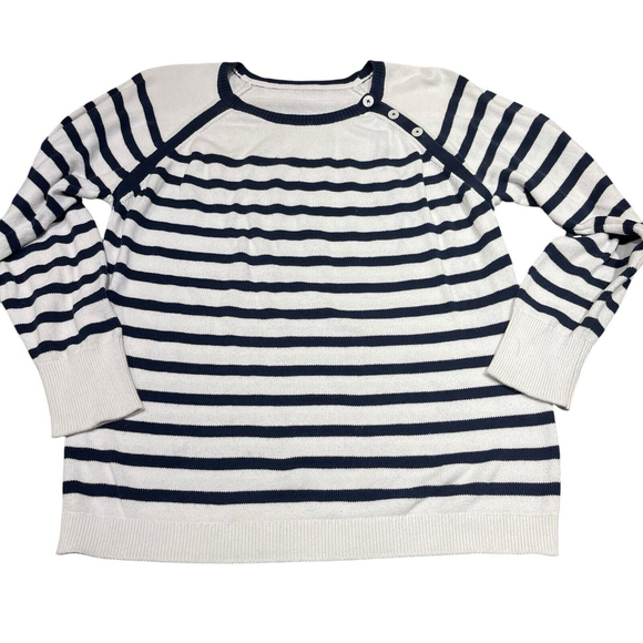 Nautica Womens White & Navy Horizontal Striped Nautrical Sweater 3 Buttons Large - Picture 3 of 10